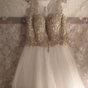 NWOT May Queen white netting over satin with gold embroidery and stones size 12